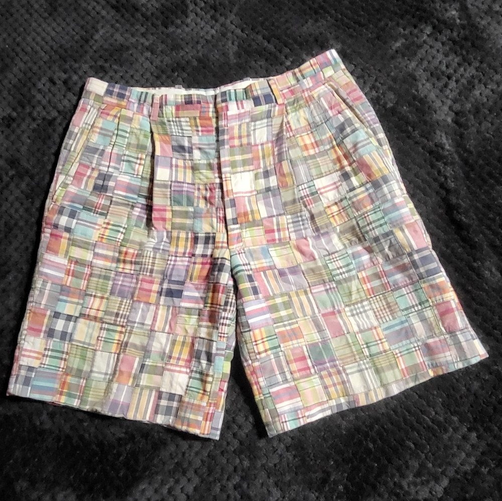Vintage 60s Madras Plaid Patchwork Shorts 34 Kyber Khaki